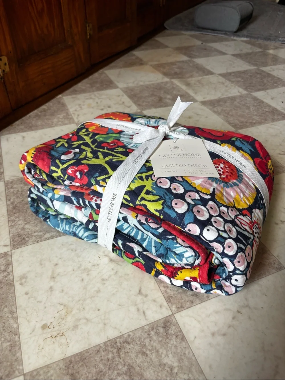 Levtex Navy Night Garden Floral Quilted Throw Blanket Red Yellow & Green Accents